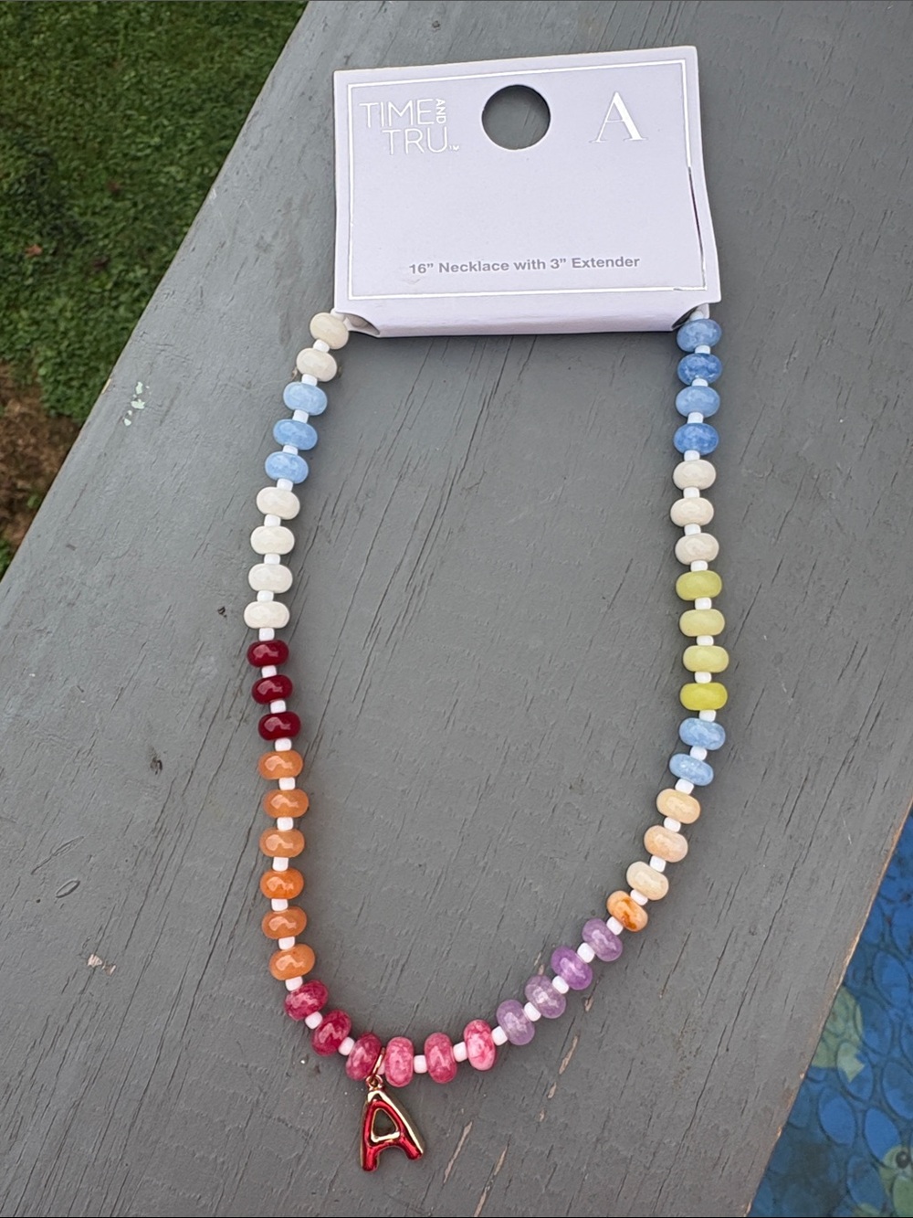 Time and Tru Multicolor Beaded Necklace with Gold Initial 'A' Charm